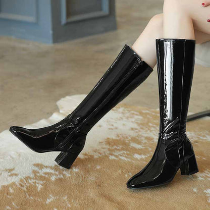 Stylish women's knee high boots in glossy black finish with elegant square toe design