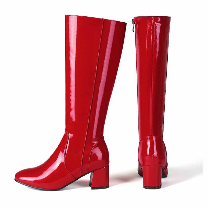 Stylish red women's knee high boots with a chunky heel and sleek design for fashionable outfits