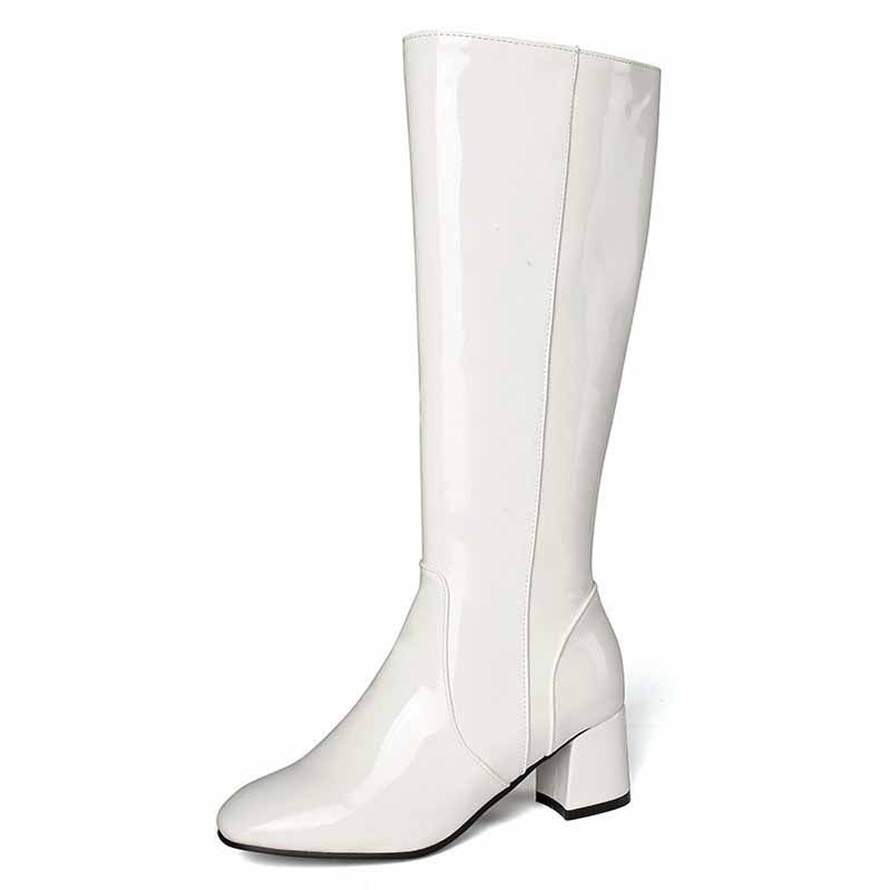 Stylish white women's knee high boots with block heels for a trendy look
