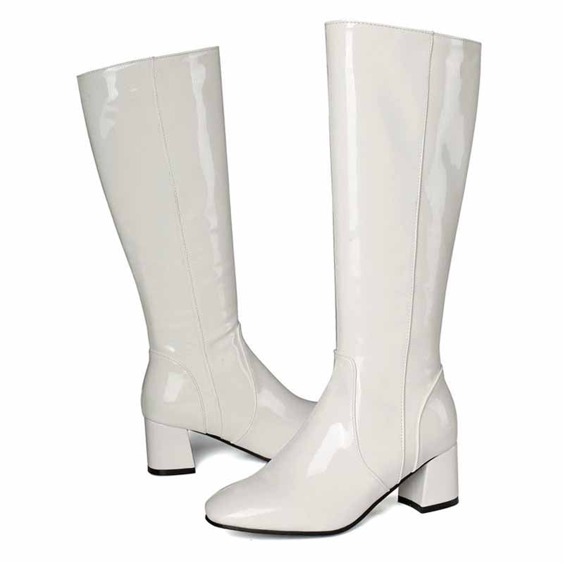 Stylish white women's knee high boots with chunky heels for a fashionable look