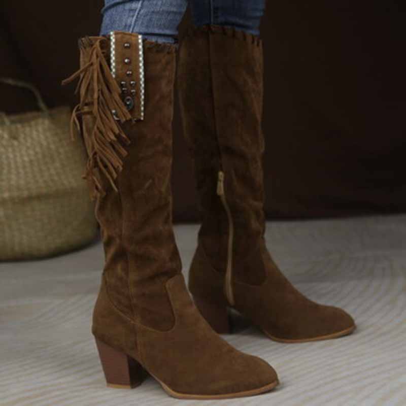 Stylish women's knee high cowgirl boots in brown with fringe detailing and embellished design