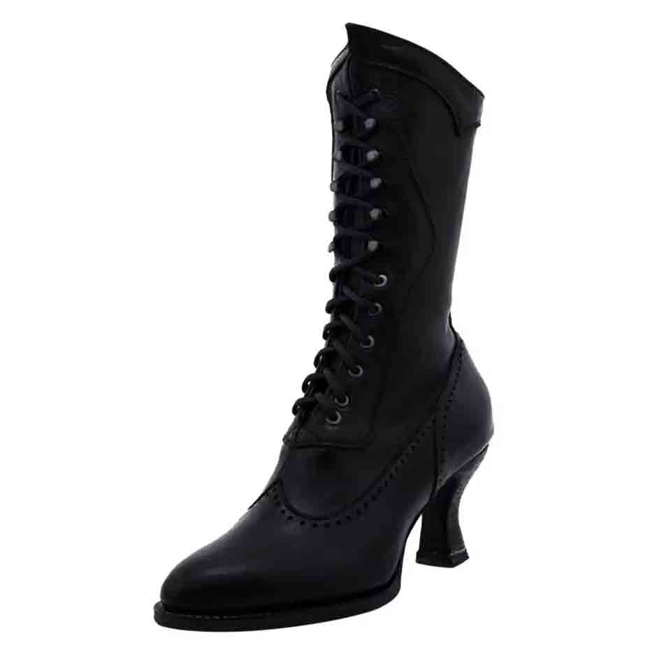 Black women's lace up bridal boots featuring a chic high heel and elegant design for special occasions