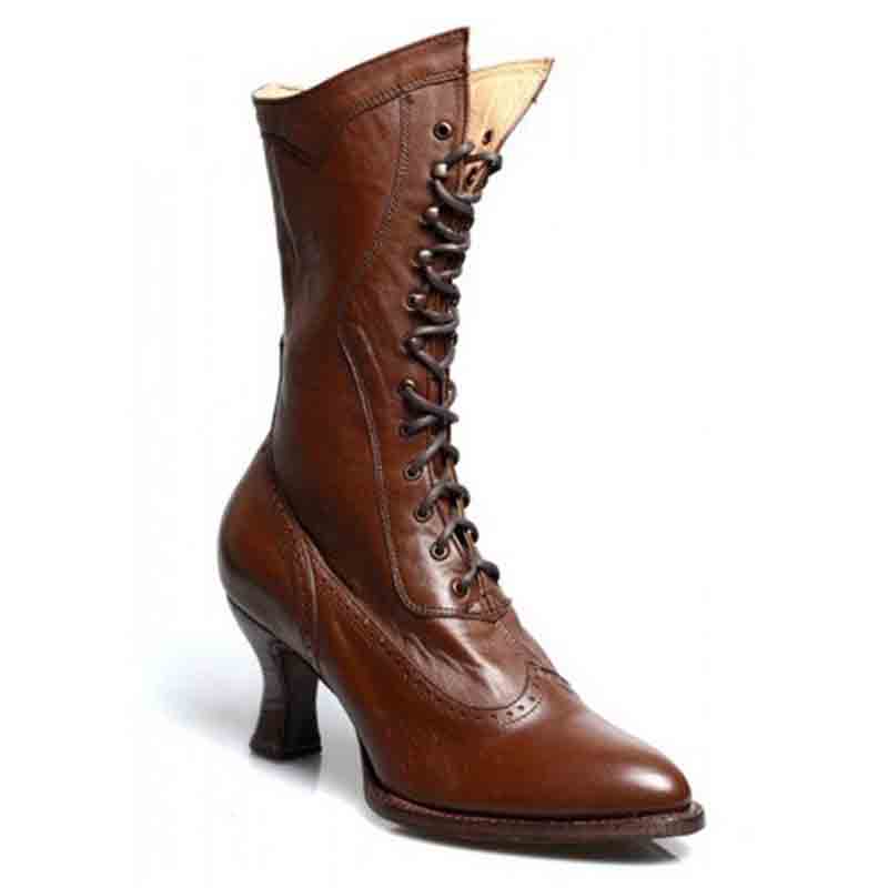 Elegant women's lace up bridal boots in brown leather featuring a vintage design and stylish heel