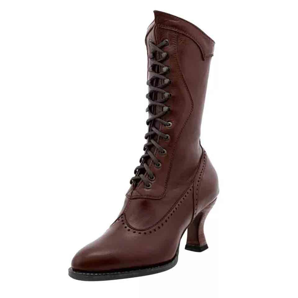 Stylish women's lace up bridal boots in brown leather with a vintage design and elegant heel