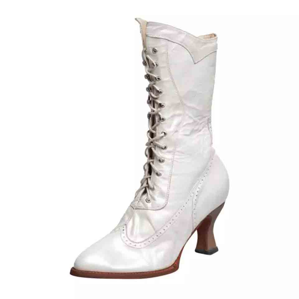 Elegant women's lace up bridal boots in white leather with a stylish heel