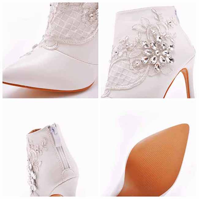 Crystal Queen women's lace wedding boots featuring elegant floral designs and pointed toes in white