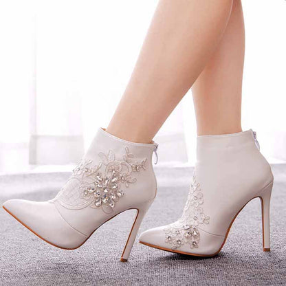 Women's lace wedding boots with elegant floral embroidery and high heels