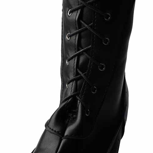 Close-up of black sd-hk women's low heeled wedding boots with lace-up design and stylish detailing