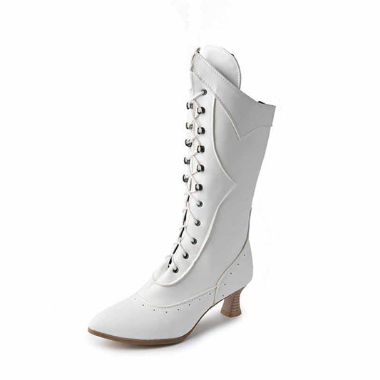 Elegant women's low heeled wedding boots in white with lace-up design for a stylish bridal look