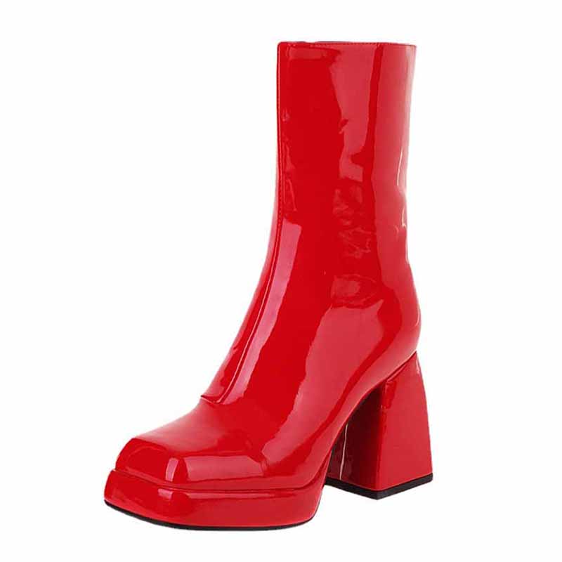 Red women's patent leather ankle boots with chunky heels for trendy fashion statements