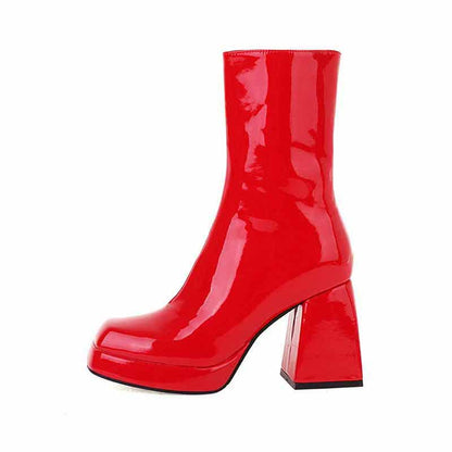 Red women's patent leather ankle boots with a chunky heel for stylish comfort