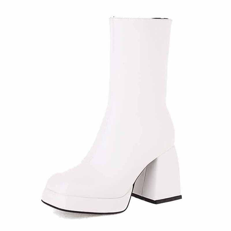 Stylish white women's patent leather ankle boots with chunky heels for a chic look