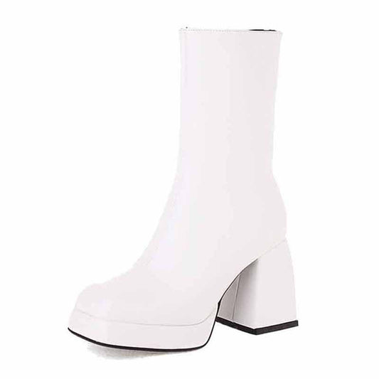 Stylish white women's patent leather ankle boots with chunky heels for a chic look