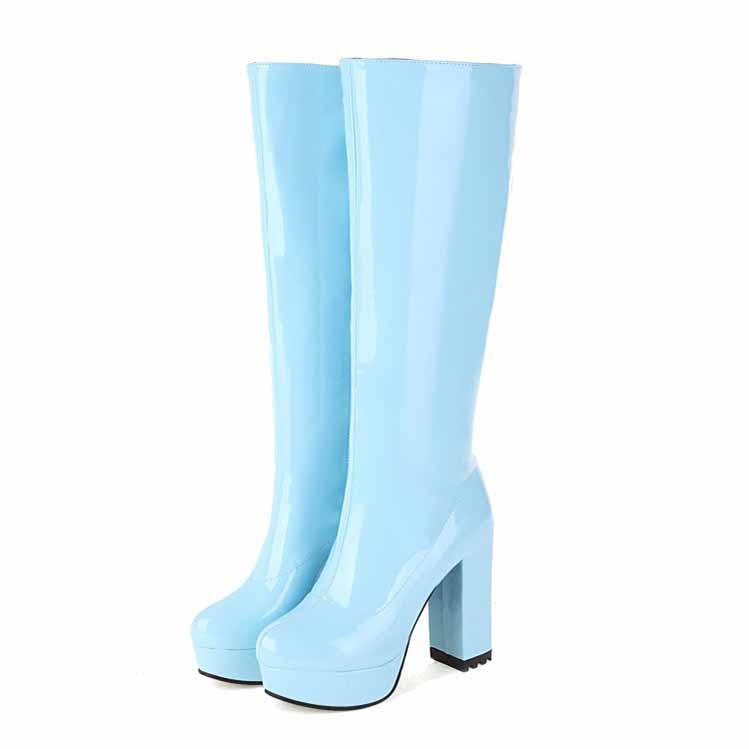 Light blue women's patent leather knee high boots with chunky heels for a stylish look