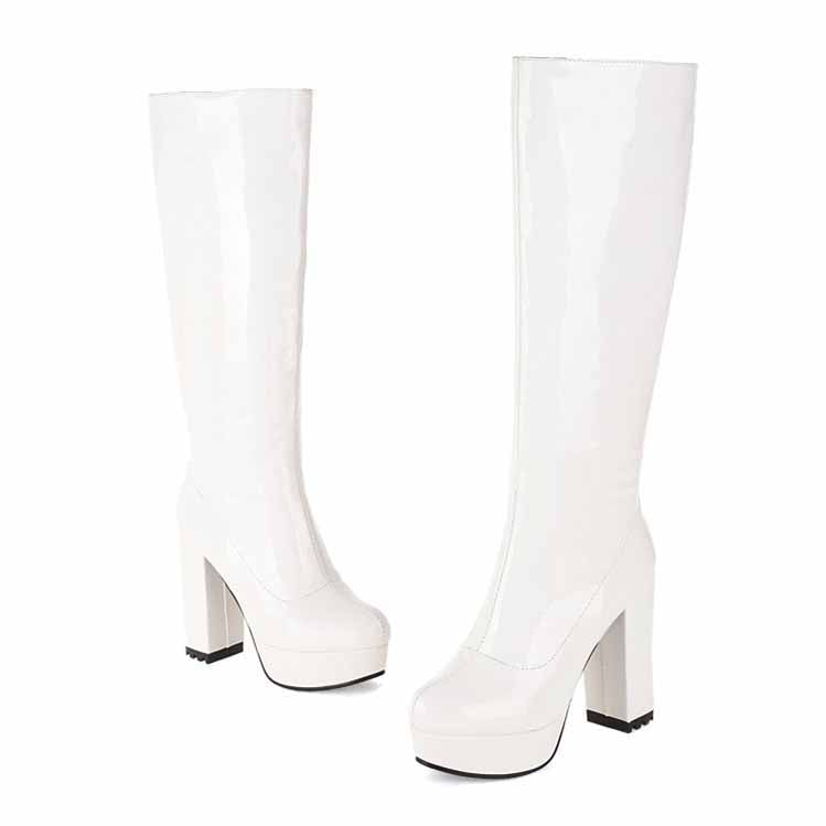 S&DCo. women's patent leather knee high boots in white with chunky heels for stylish wear