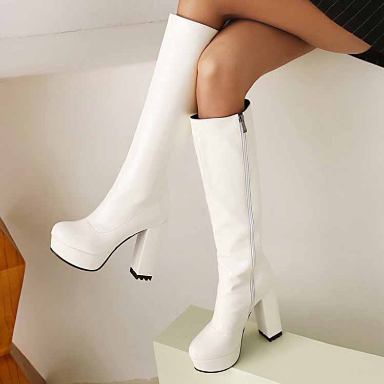 S&DCo. women's patent leather knee high boots in white with a stylish high heel and zipper detail