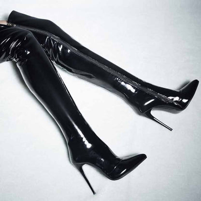Women's patent leather thigh high boots with sleek design and high stiletto heels