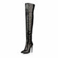 Stylish women's patent leather thigh high boots with a sleek design and high stiletto heel