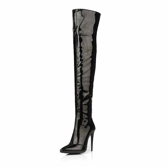 Stylish women's patent leather thigh high boots with a sleek design and high stiletto heel