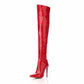 Bold red women's patent leather thigh high boots with a sleek design and high heels