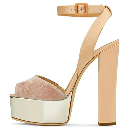 Beige peep toe platform sandals for women with a glossy block heel and ankle strap