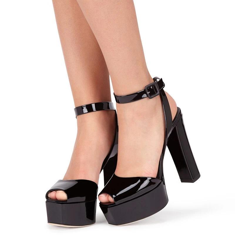 Sd-hk black peep toe platform sandals for women with ankle strap and chunky heels