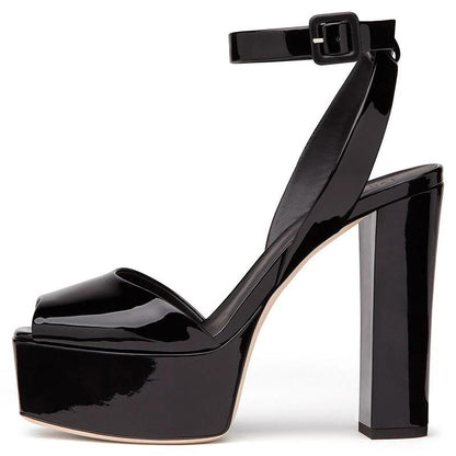 SD-HK Black Peep Toe Platform Sandals for Women with Ankle Strap and Chunky Heel