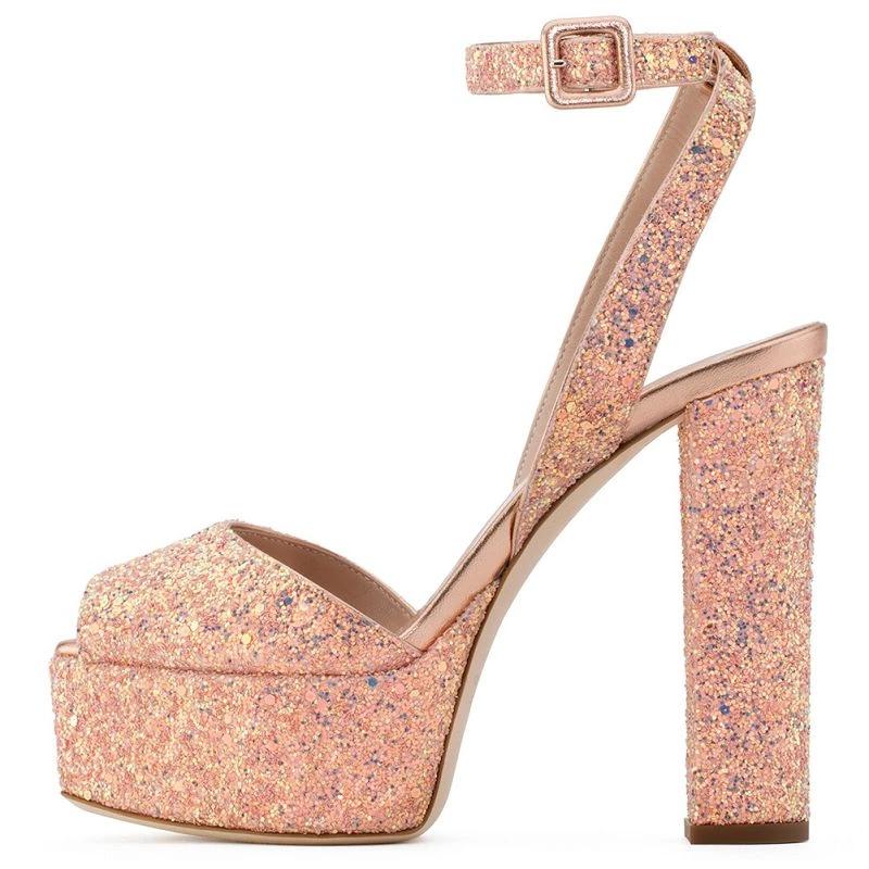 Sparkly pink peep toe platform sandals for women with a trendy block heel and ankle strap