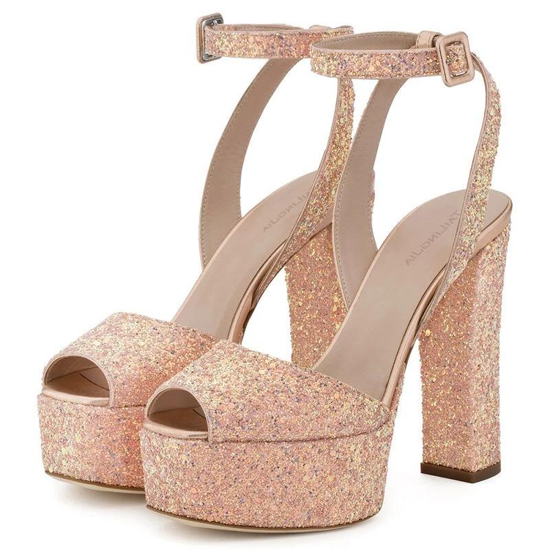 Stylish pink glitter peep toe platform sandals for women with adjustable ankle strap and high block heels