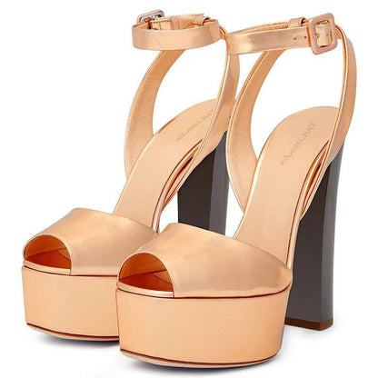 Stylish peep toe platform sandals for women with a glossy finish and chunky heels