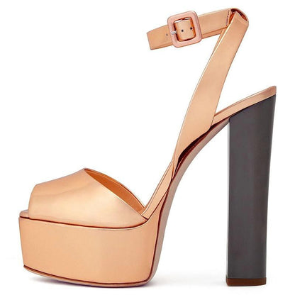 Rose gold peep toe platform sandals for women with adjustable ankle strap and stylish chunky heel