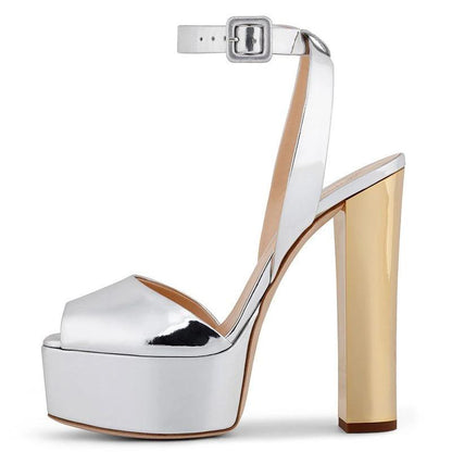 Stylish silver peep toe platform sandals for women with a high block heel and ankle strap