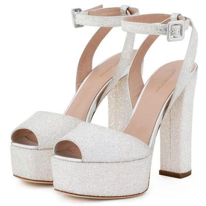 Sparkling silver peep toe platform sandals for women with ankle strap and chunky heel