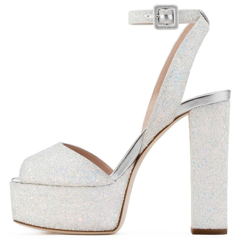 Shiny glitter peep toe platform sandals for women with ankle strap and chunky heels