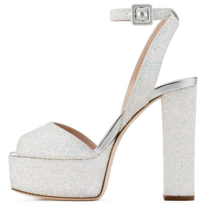 Shiny glitter peep toe platform sandals for women with ankle strap and chunky heels