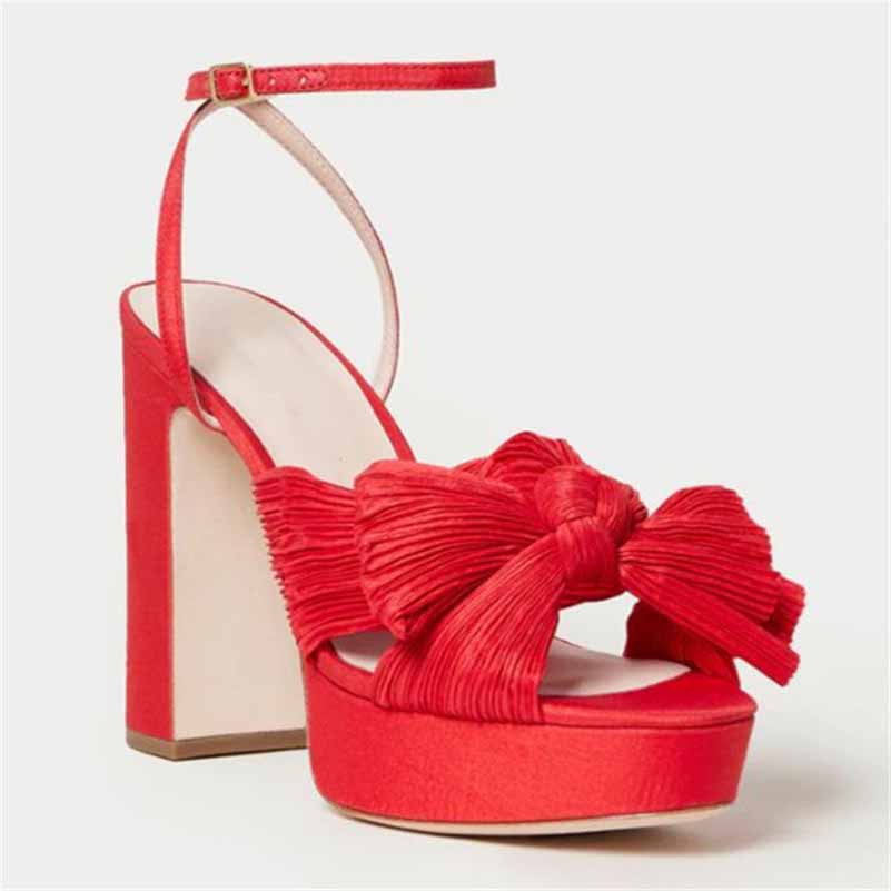 Sd-hk women's platform bow sandals in red with a stylish knot design and ankle strap
