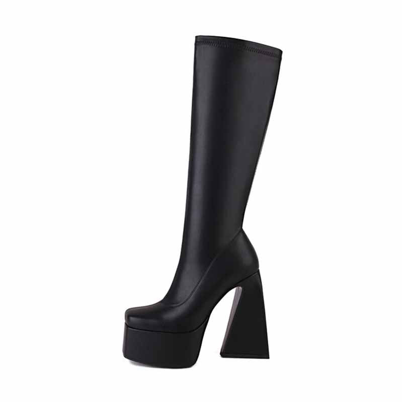 Stylish women's platform knee high boots in black with a chunky heel for a trendy look