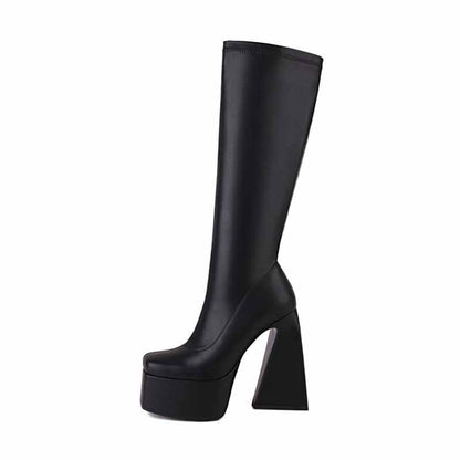 Stylish women's platform knee high boots in black with a chunky heel for a trendy look