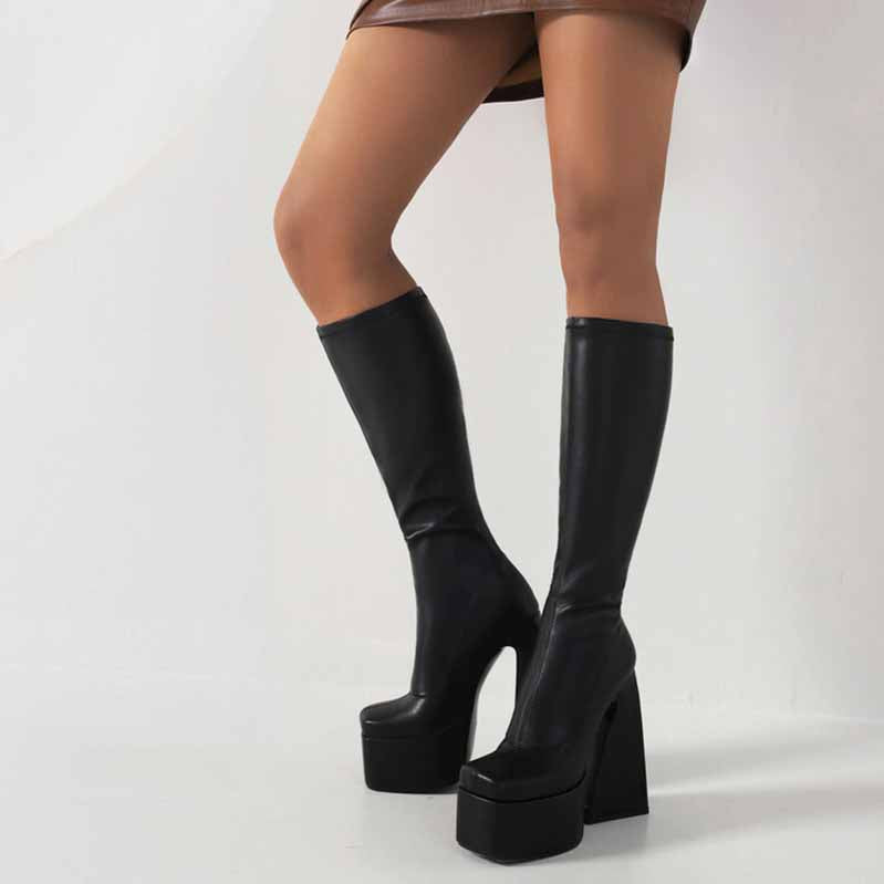 Stylish women's platform knee high boots in black for a trendy fashion statement
