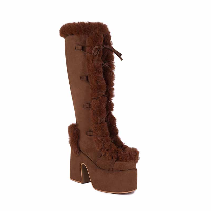 S&DCo. women's platform snow boots in brown with a stylish fur trim and tall design