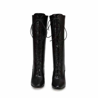 women's pointed toe stiletto boots in black with lace-up front for a chic look