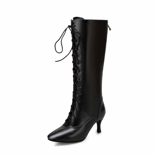 women's pointed toe stiletto boots in black with a lace-up design for a stylish look