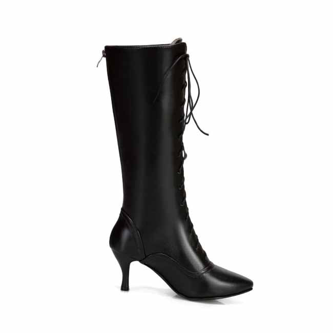 women's pointed toe stiletto boots in black with lace-up design and high heels