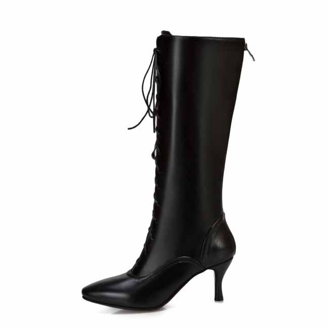 women's pointed toe stiletto boots with a sleek black design and lace-up front.