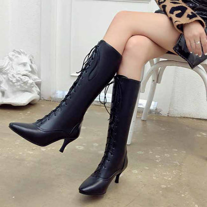 women's pointed toe stiletto boots in sleek black with stylish lace-up design