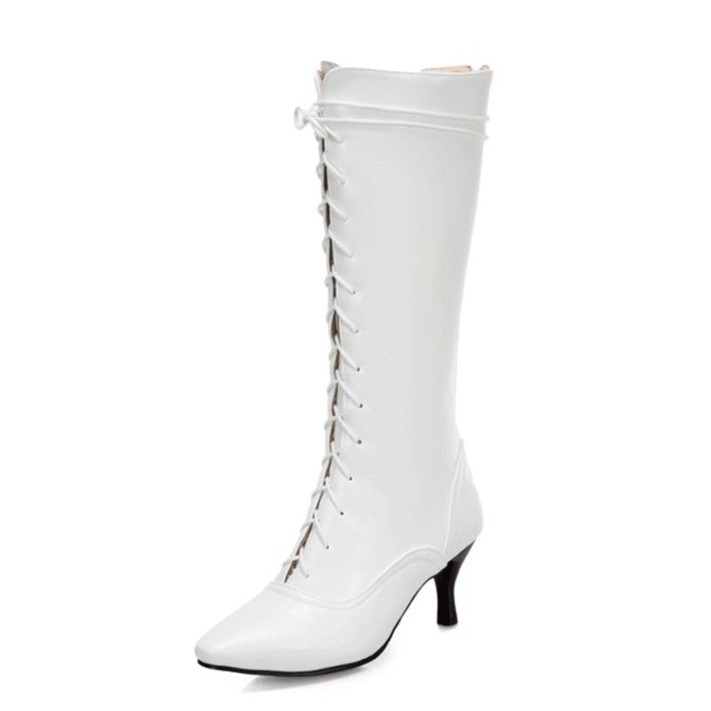 women's pointed toe stiletto boots in white with lace-up detail and a stylish design