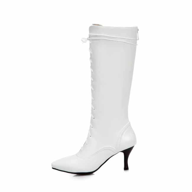 women's pointed toe stiletto boots in white with elegant lace-up design and stylish silhouette