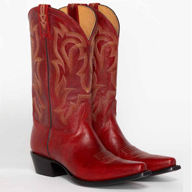 Stylish women's red embroidered western boots featuring detailed stitching and a classic cowboy design