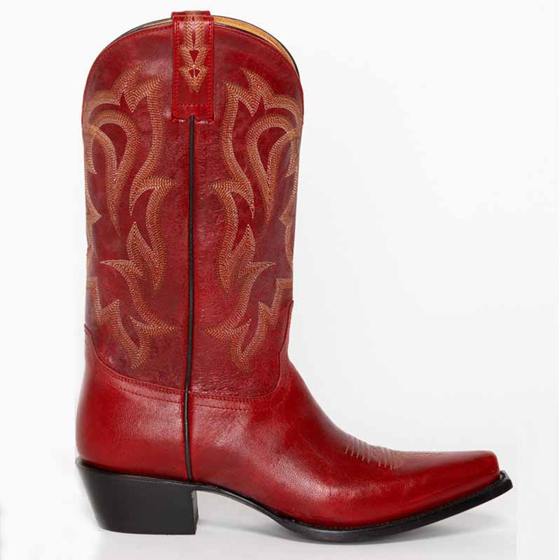 Stylish women's red embroidered western boots featuring intricate detailing and a classic design