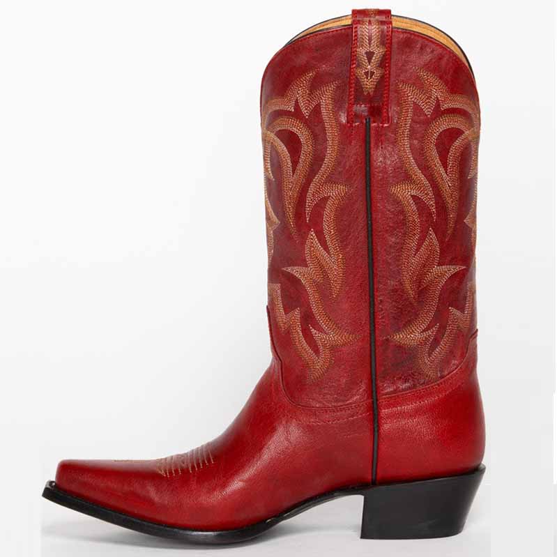 Stylish women's red embroidered western boots with intricate detailing and a sleek silhouette